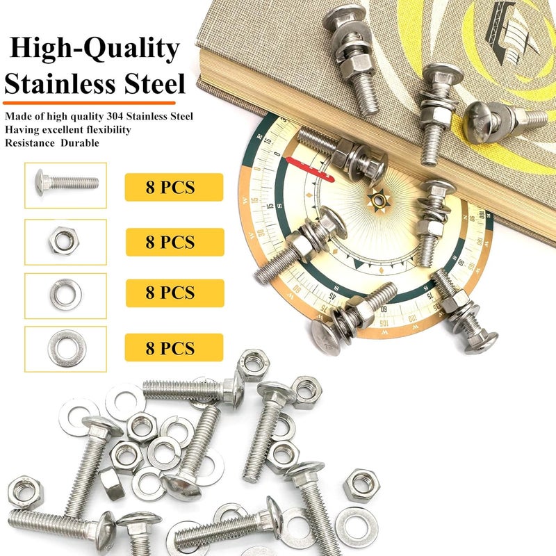 Matrelt 8 Sets 5/16"-18 x1-1/2 Carriage Bolts Round Head Square Neck Screws with Hex Nuts Flat Washers Spring Lock Washers 304 Stainless Steel Full Thread Coverage Square Neck Bolts Assortment Kit - Image 3